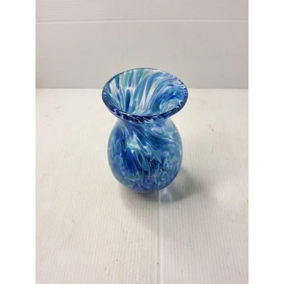 Vintage Hand Blown Blue,Teal Swirl Pattern Heavy Pedestal Bottom Vase - Picture 12 of 12